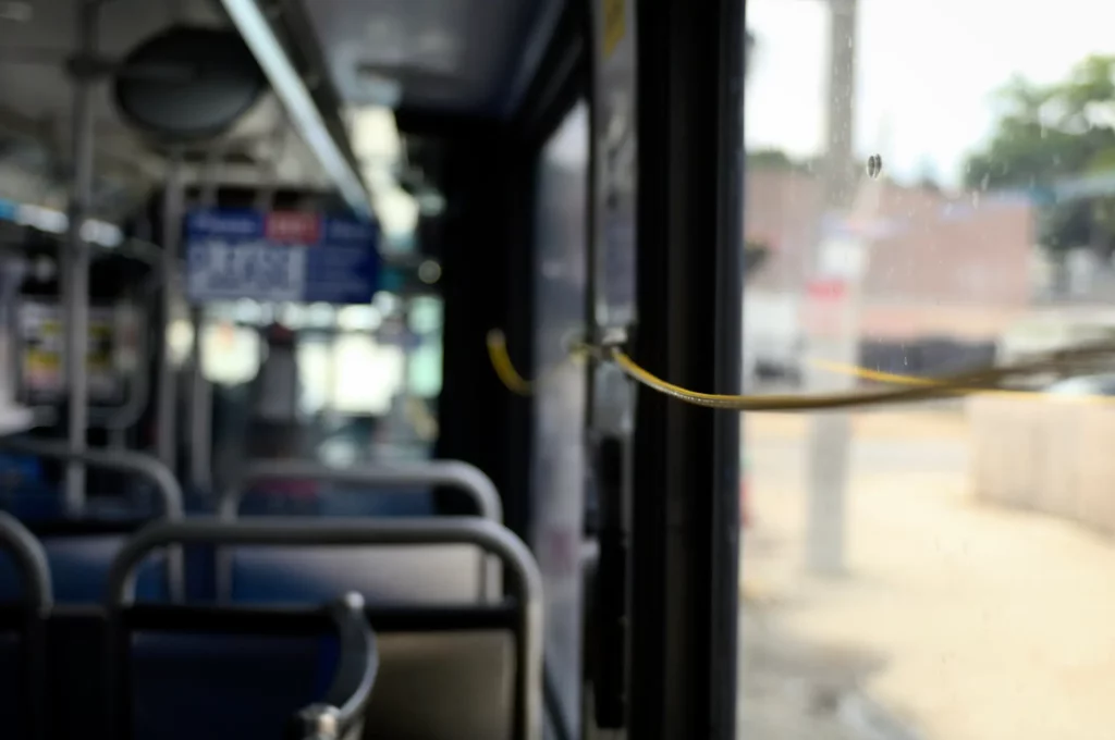 The interior of a city bus.