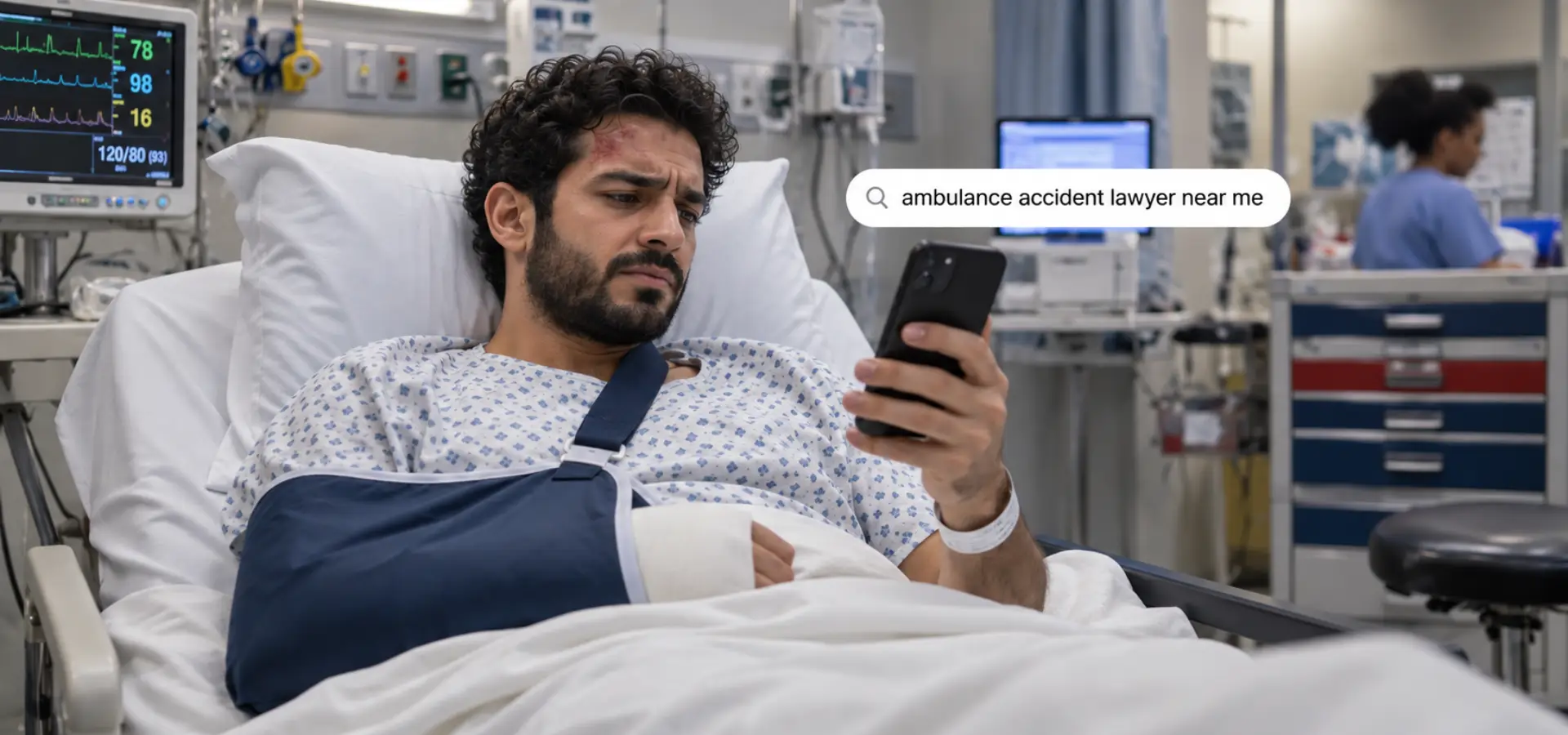 A man in the hospital looking up an lawyer for his accident.