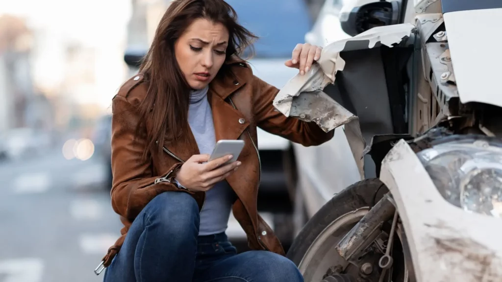 A woman calling for help on her phone after getting into an accident.