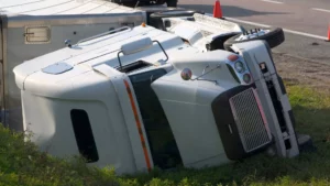 A truck flipped over on its side.