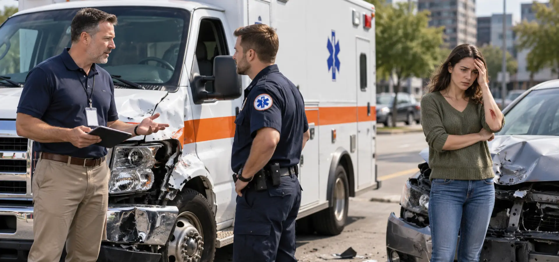 A damaged private ambulance and passenger car after a collision where the ambulance driver speaks with a company supervisor.