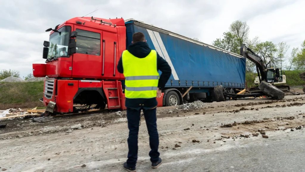 A man looking a damaged truck after a truck accident.