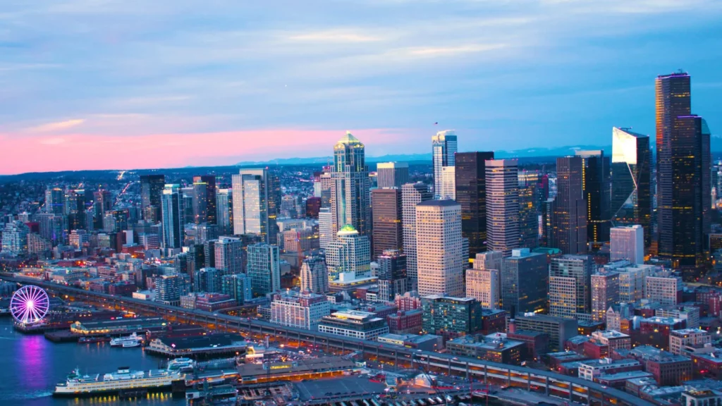 A wide shot of downtown Seattle, Washington.