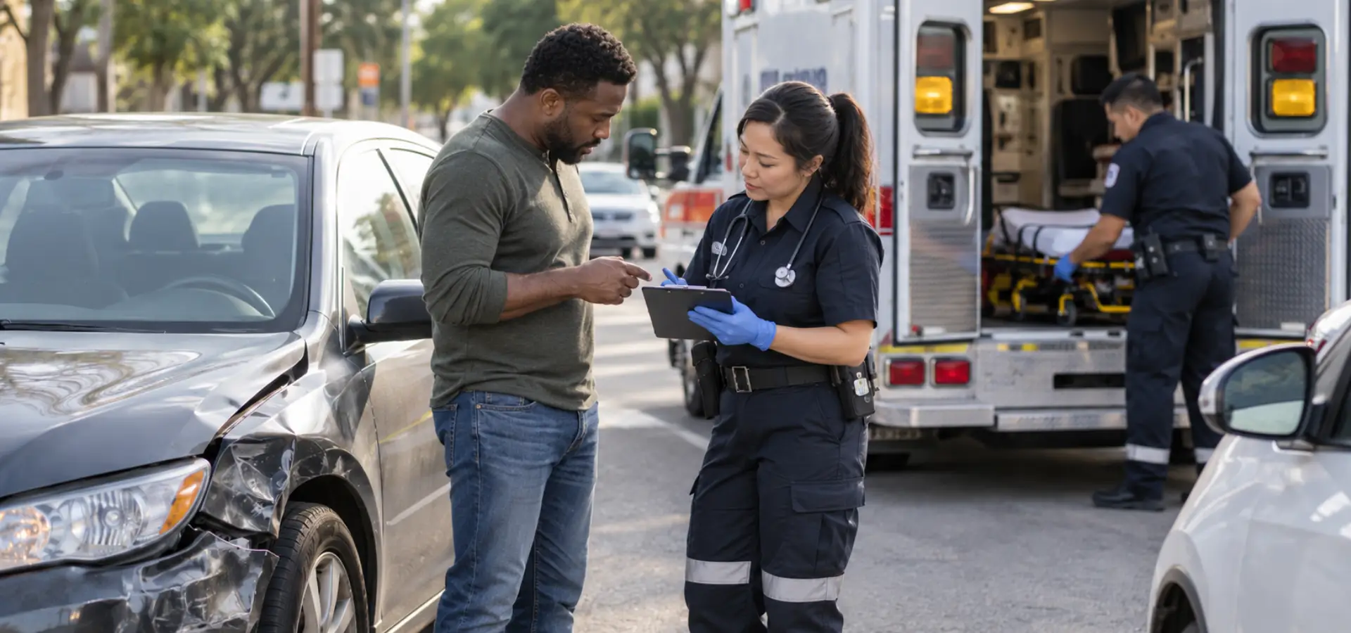 Drivers in an ambulance accident exchanging information.