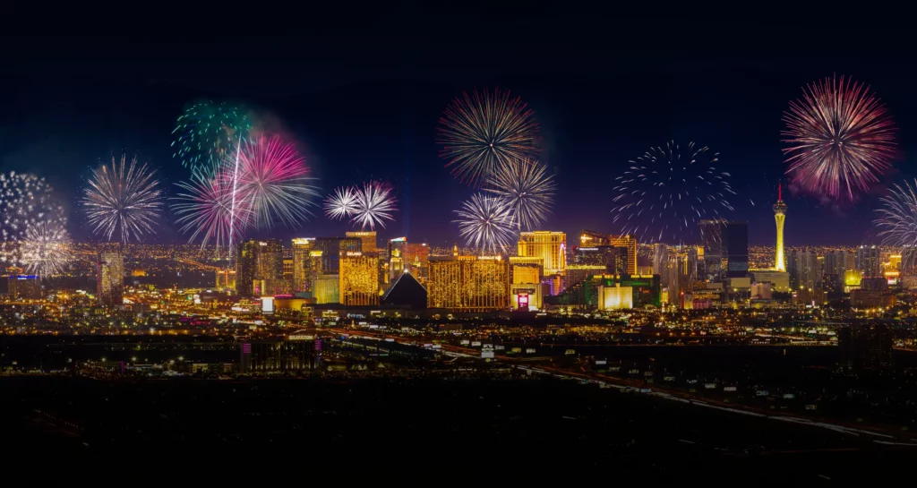 Fireworks going off all over Las Vegas.