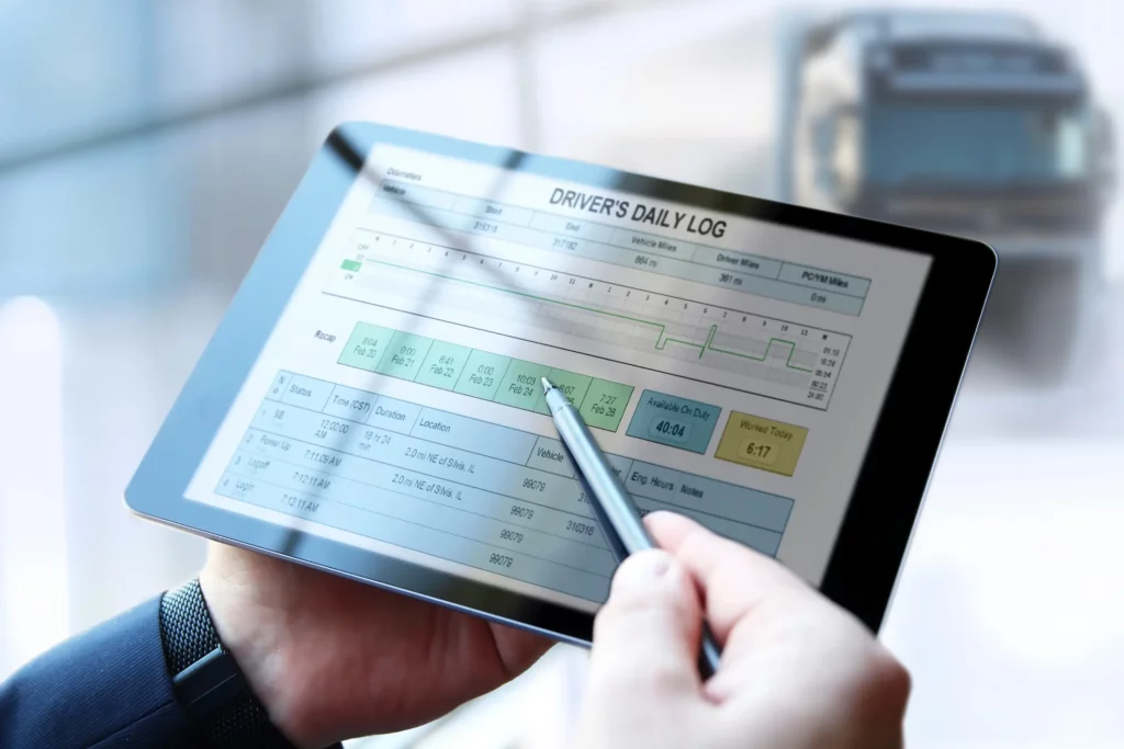 An ipad with a truck driver's hours and driving stats.