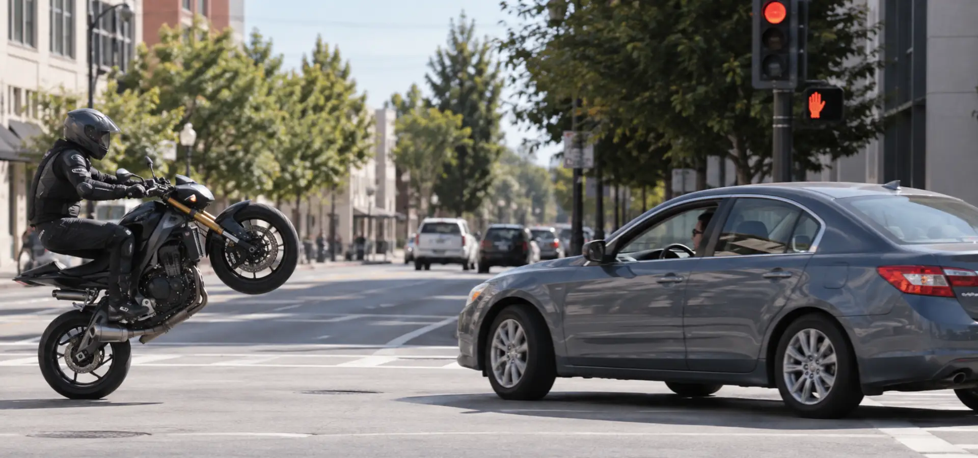 A motorcyclist performing a wheelie and a car turning right in front of the rider.