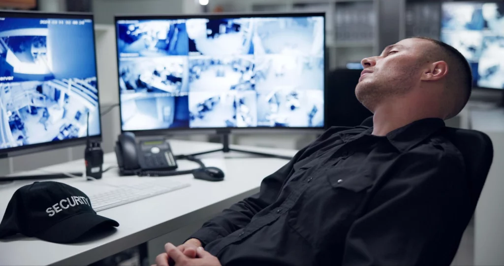 A sleeping security guard while on duty.