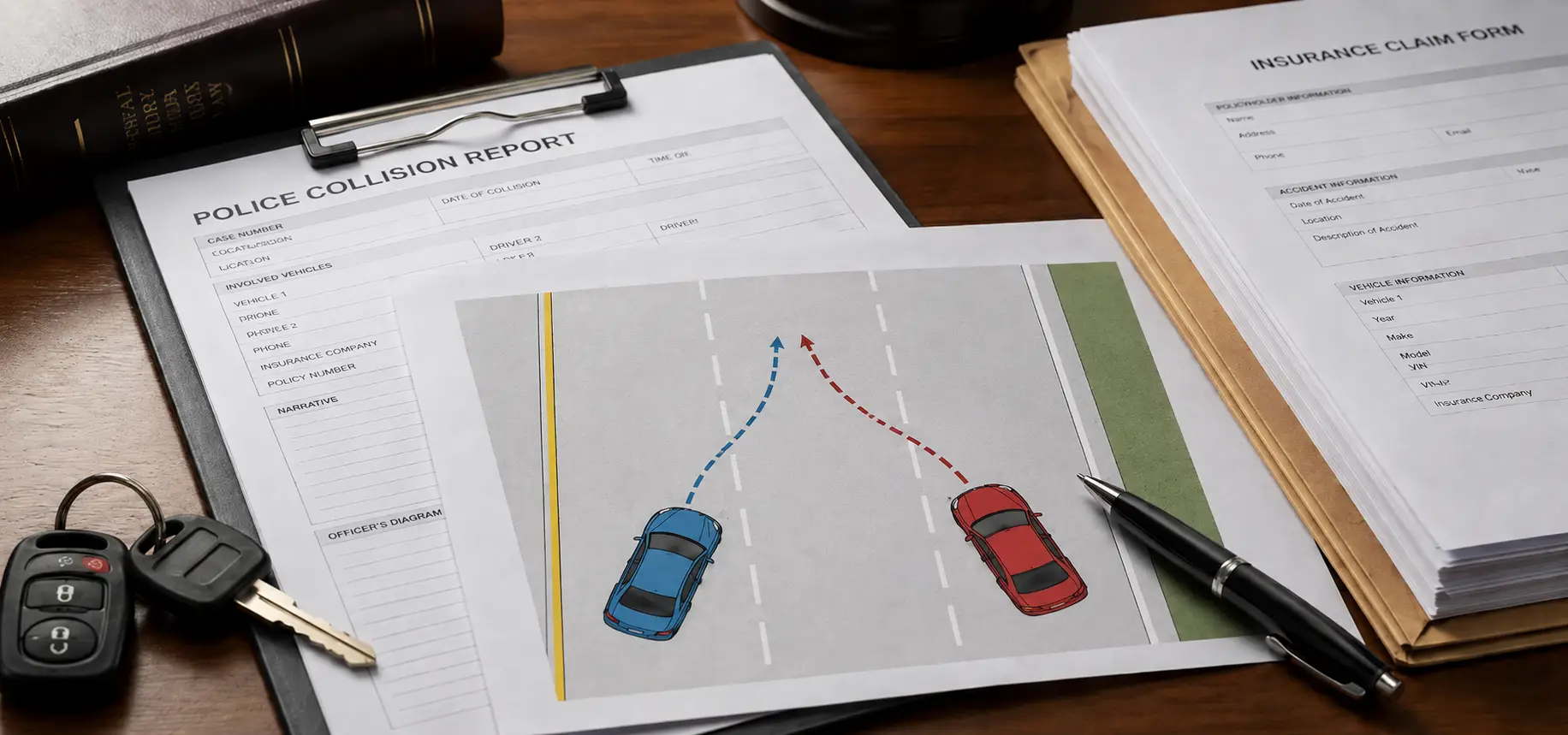 A desk scene with a police collision report, a small road diagram showing two cars merging, insurance paperwork, and car keys.