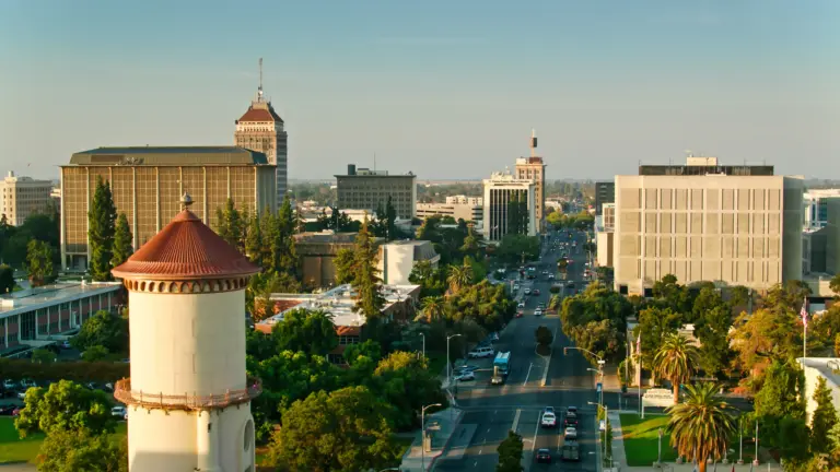 A wide shot of downtown Fresno, CA.