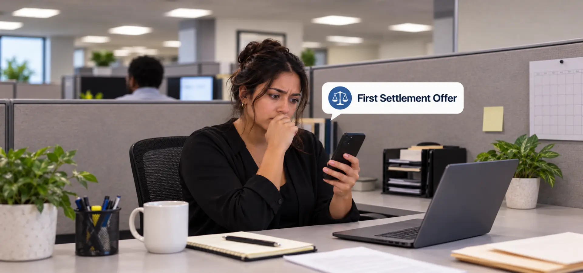 A woman looking over a settlement offer on her phone while at work.