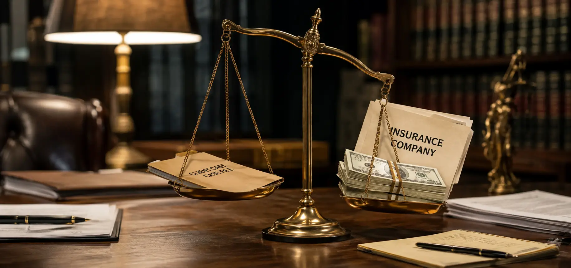 A legal desk with scales of justice tilted toward a stack of cash or an insurance company folder, while a client file sits lower on the other side.