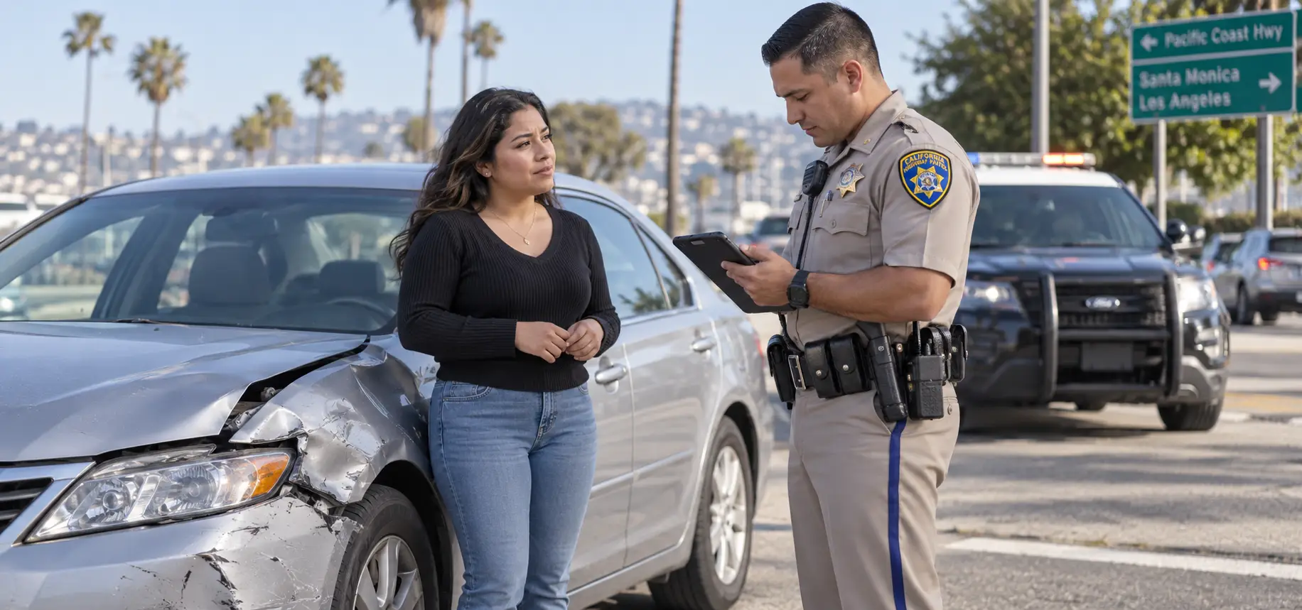 A woman filing a report with an officer after a car accident.