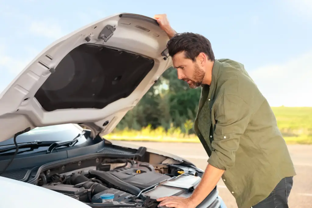 A man looking at his car's engine for problems.