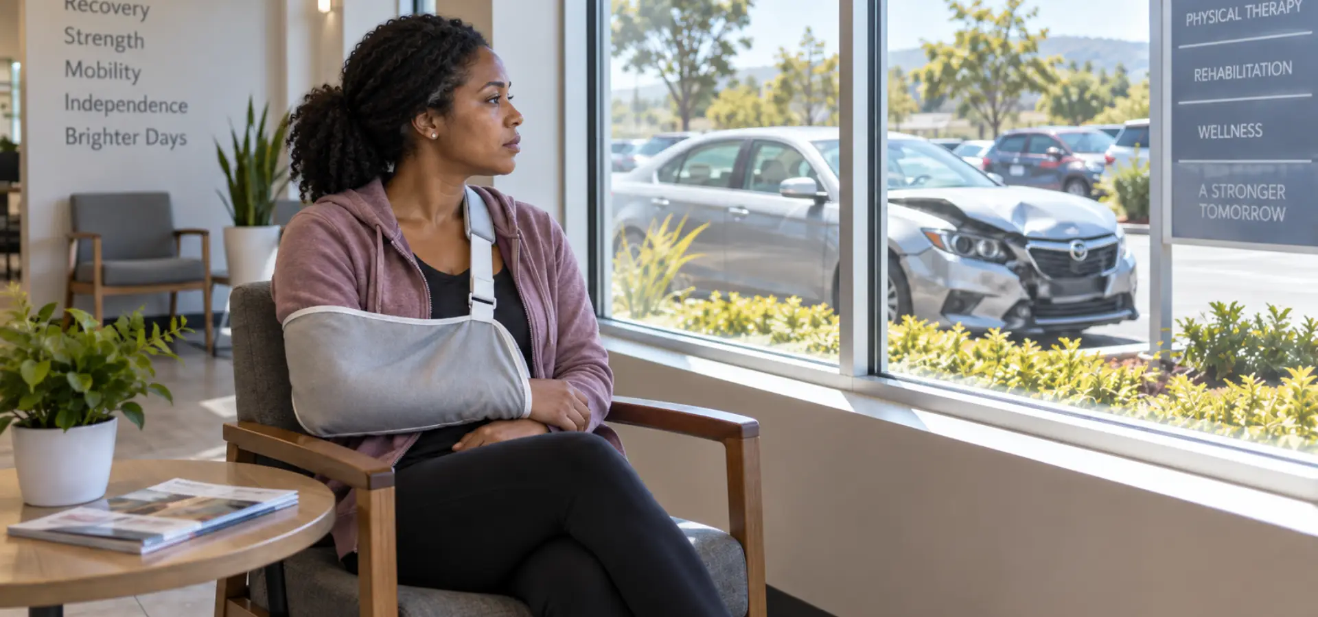 A woman with a broken arm staring outside a window.