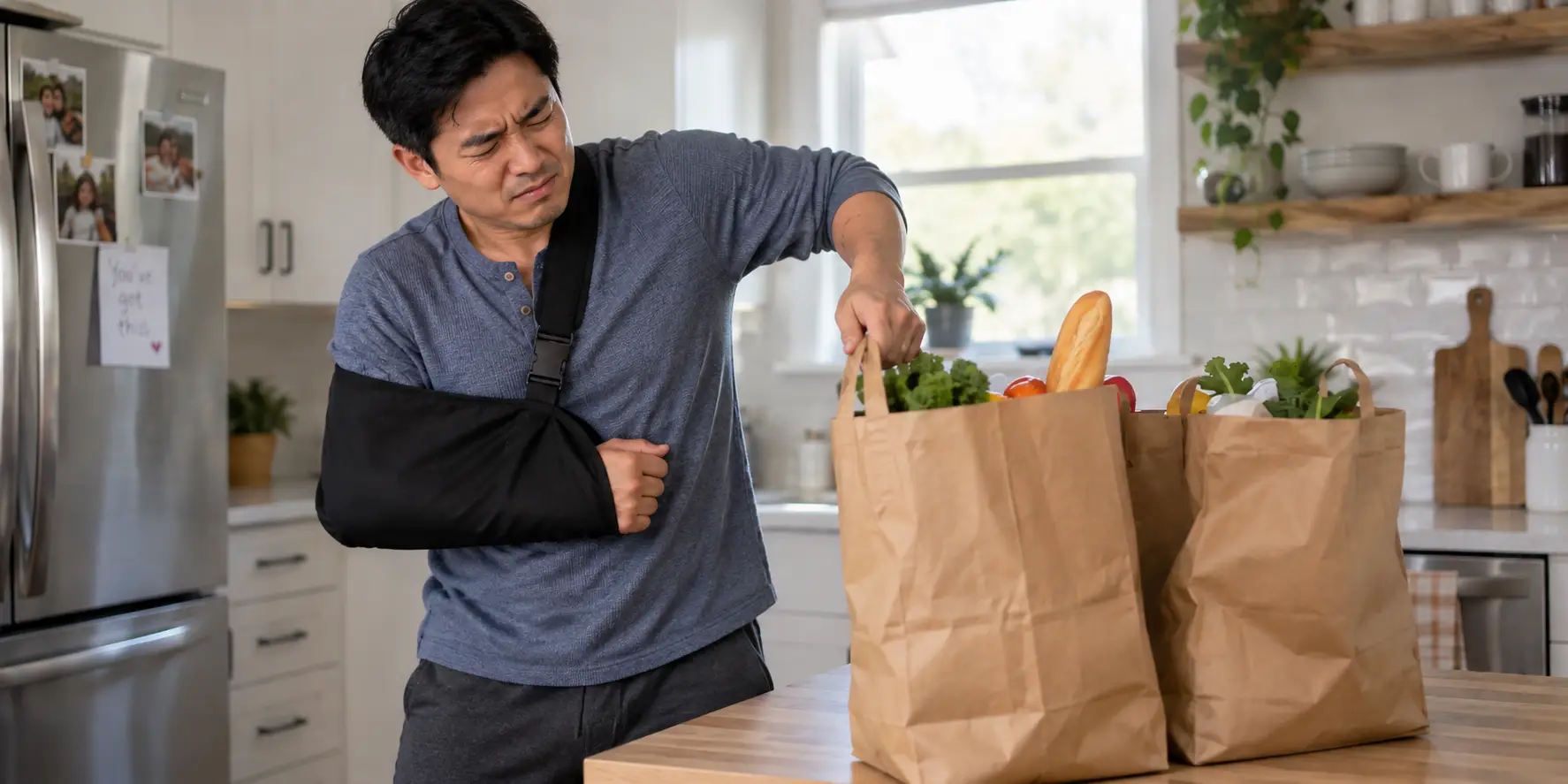 A man with a broken arm struggling to put away groceries.