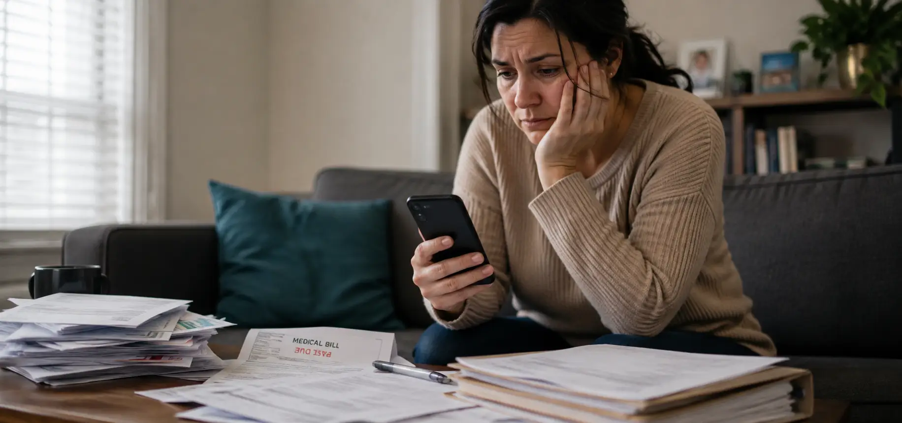 A client staring at a phone with multiple unanswered calls to their attorney, while medical bills and case documents sit nearby.