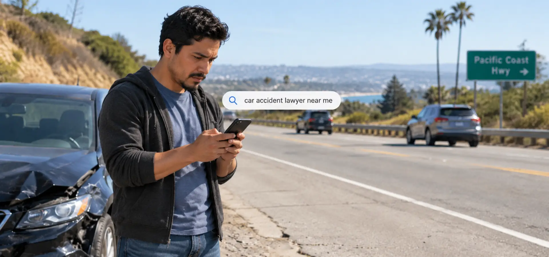 A man searching for a car accident lawyer on his phone after an accident.