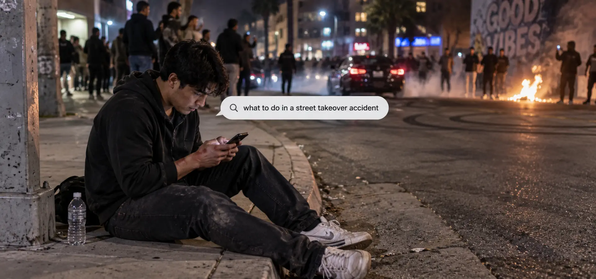 An injured man sitting on the curb typing what he should do after a street takeover accident.