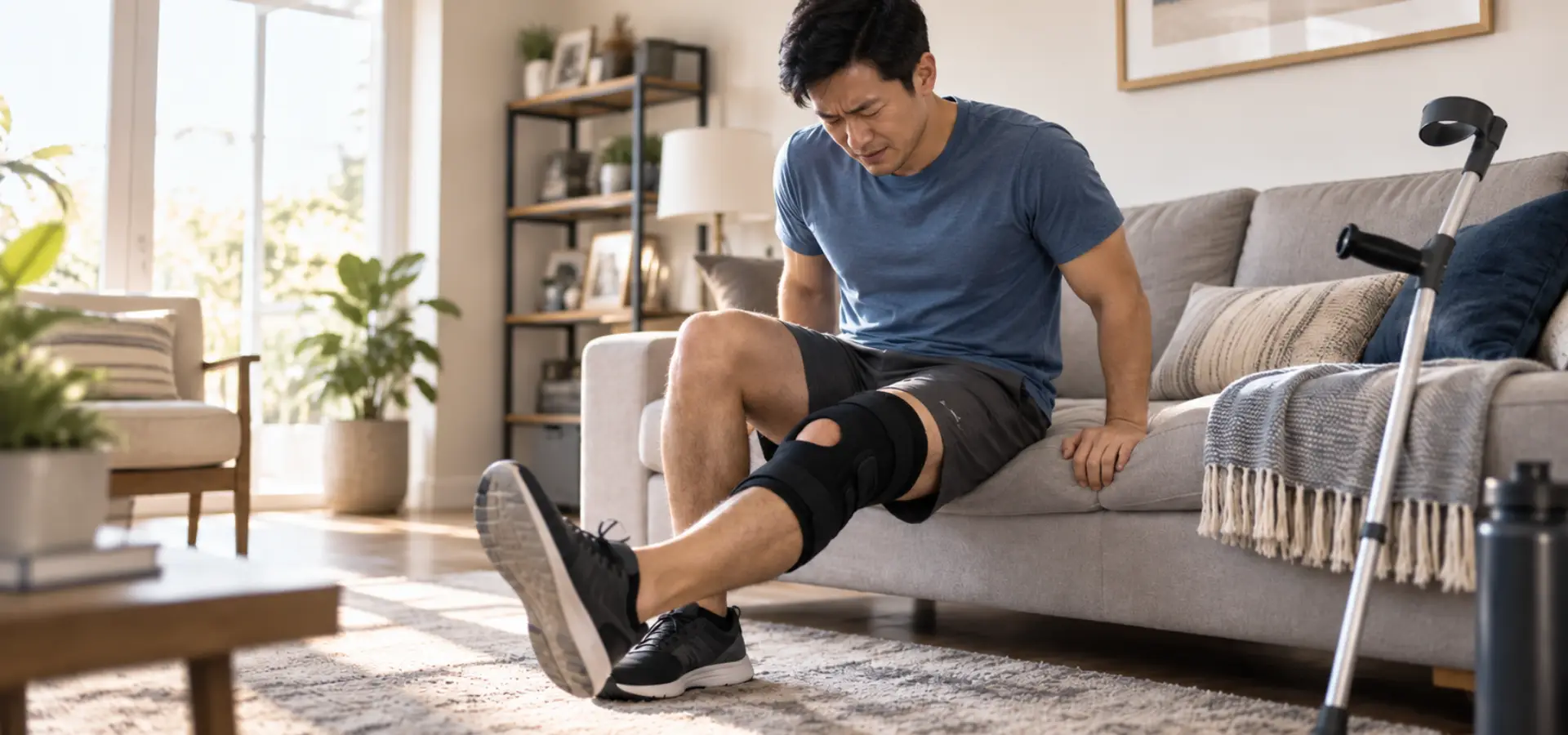 A man with an injured knee trying to get up from the couch.