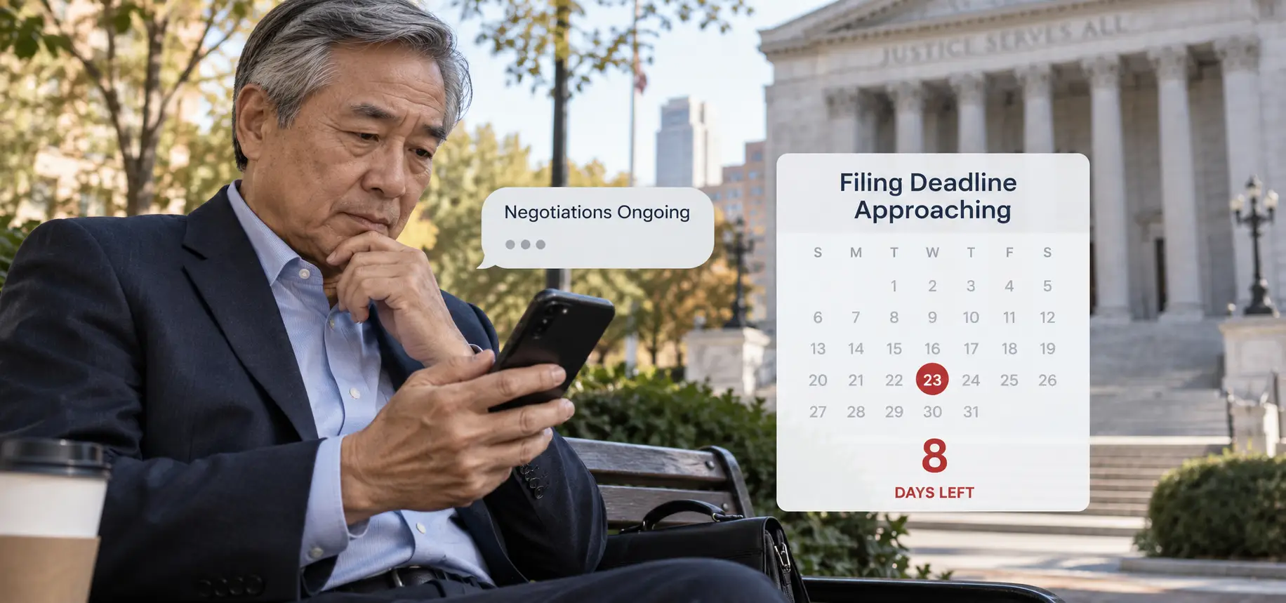 An old man looking at his phone and worrying about his lawsuit's deadline.