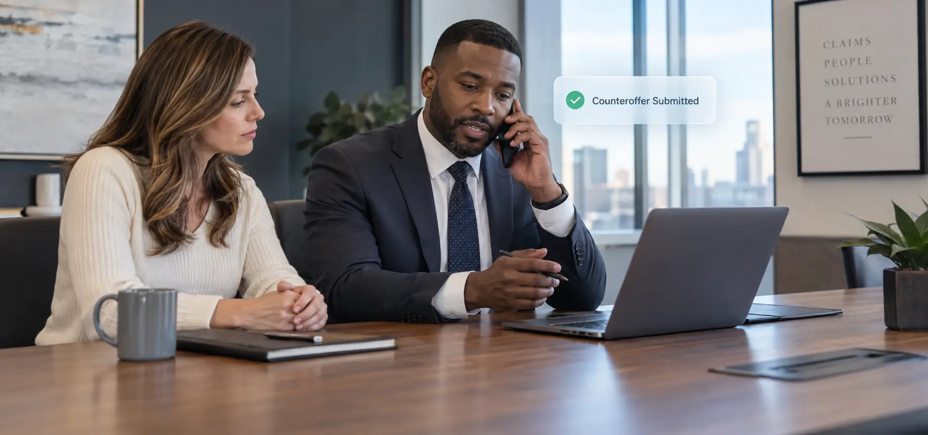 A woman and her attorney on a call with an insurance adjuster.
