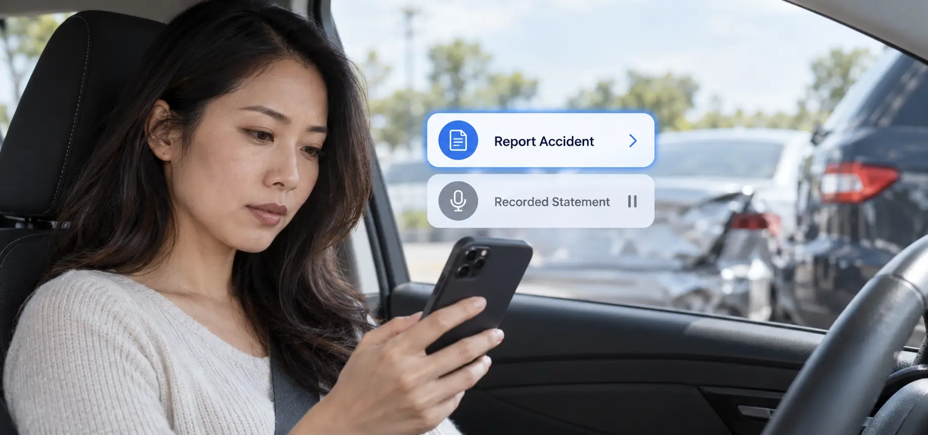 A woman on her phone, trying to notify her insurance provider about an accident.