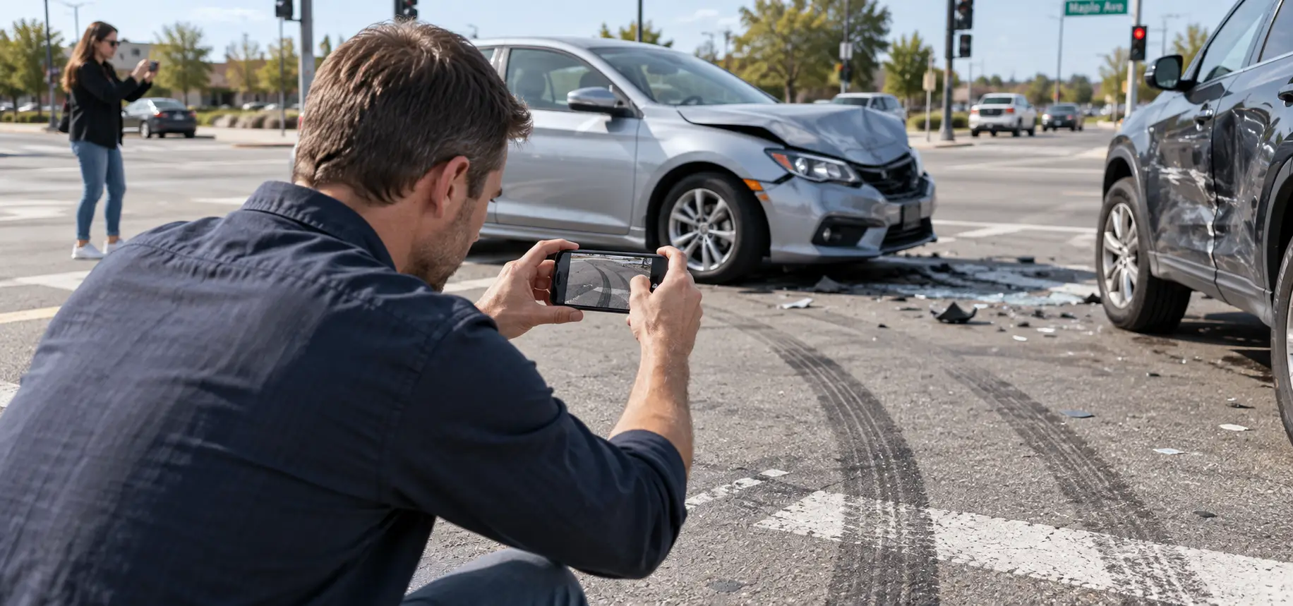 Two people taking photos of a car accident.