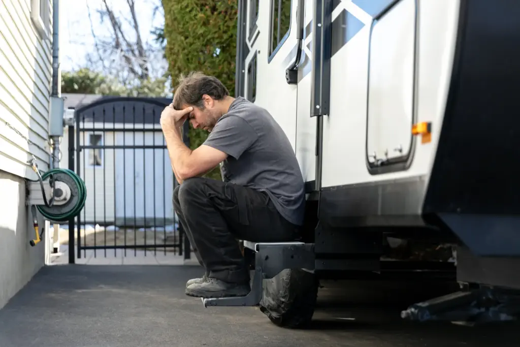 A sad RV owner sitting in front of his RV.