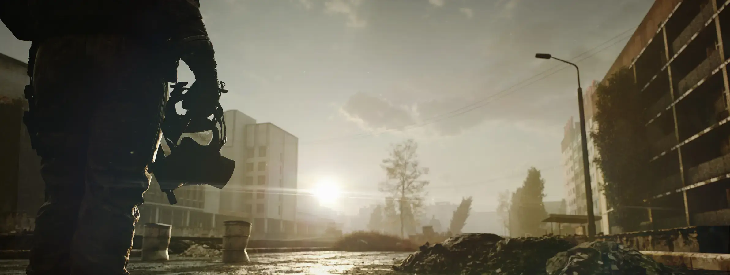 A man with a gas mask exploring abandoned buildings.