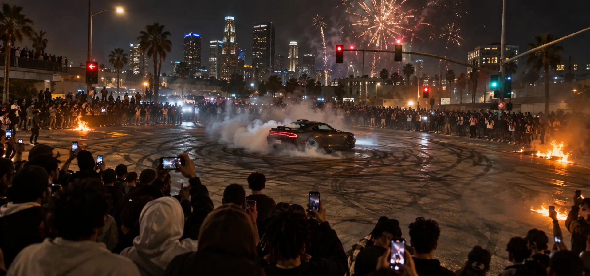 A chaotic street takeover in Los Angeles with a car doing donuts in the middle of an intersection.
