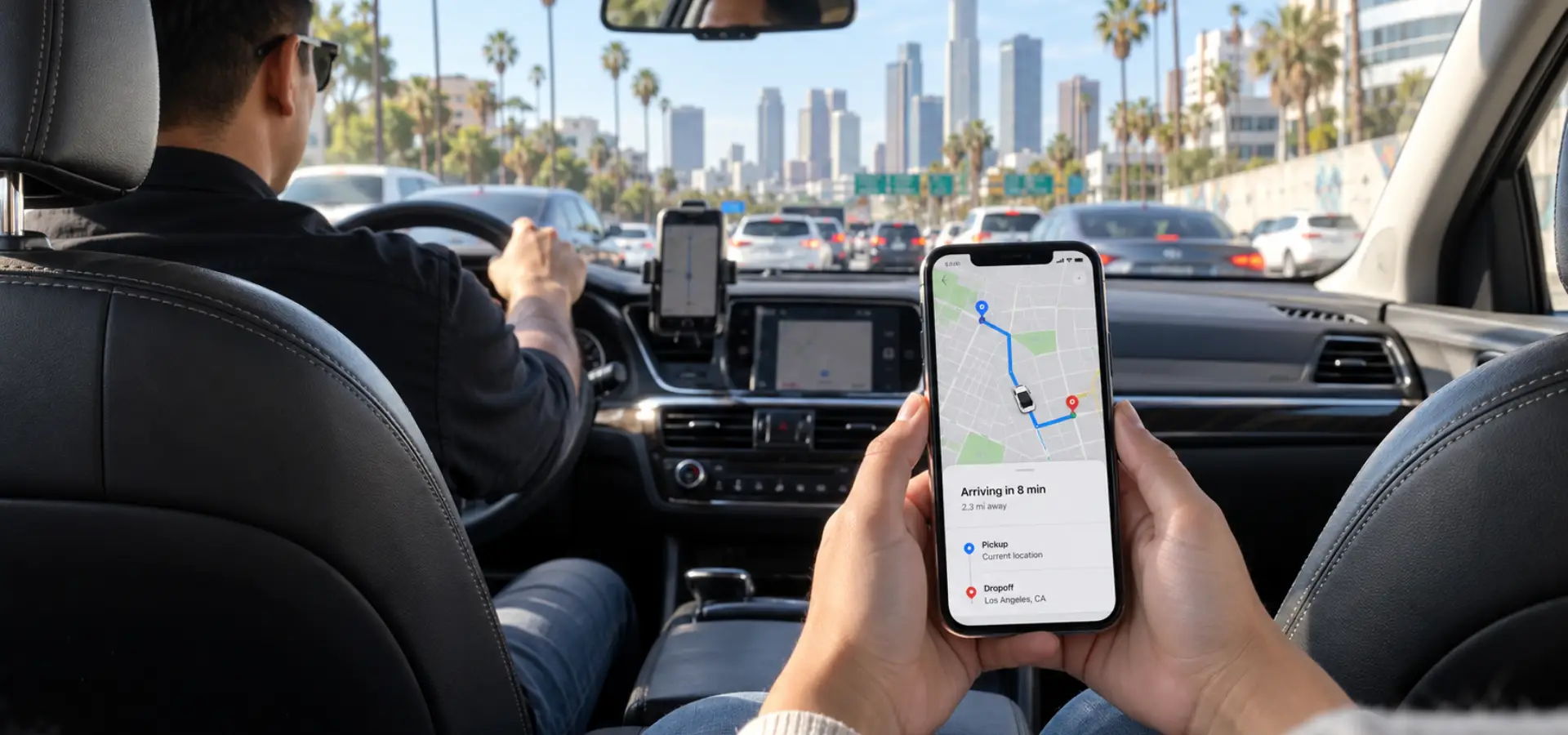 A rideshare passenger looking at their trip details.