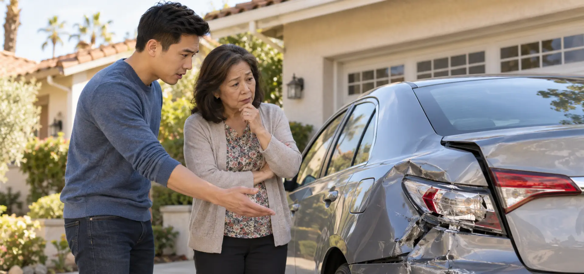 A man explaining car damage to his mother.