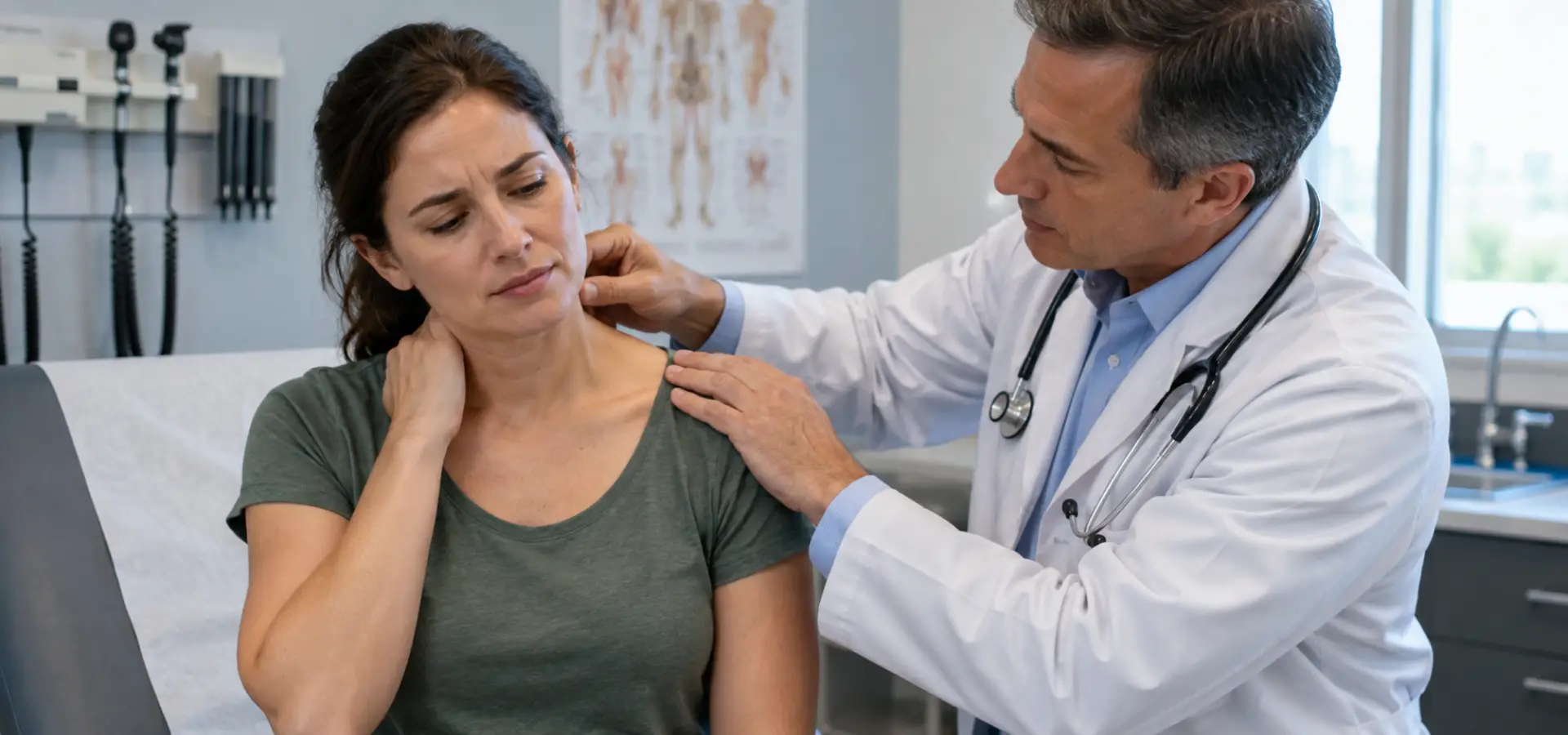 A woman with a neck injury getting checked up by a doctor.