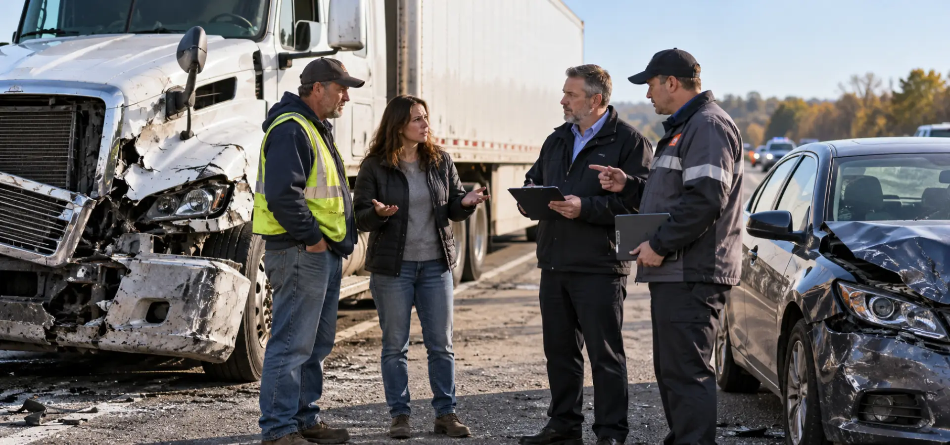 Multiple people trying to determine who is at fault for a commercial truck accident.