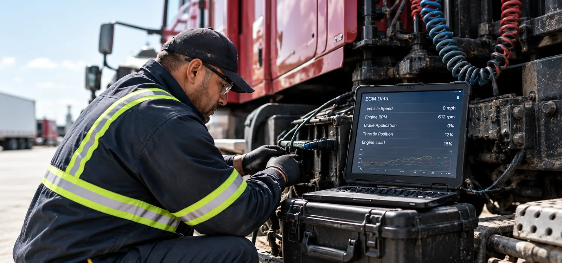 A truck mechanic checking the blackbox data for an accident.