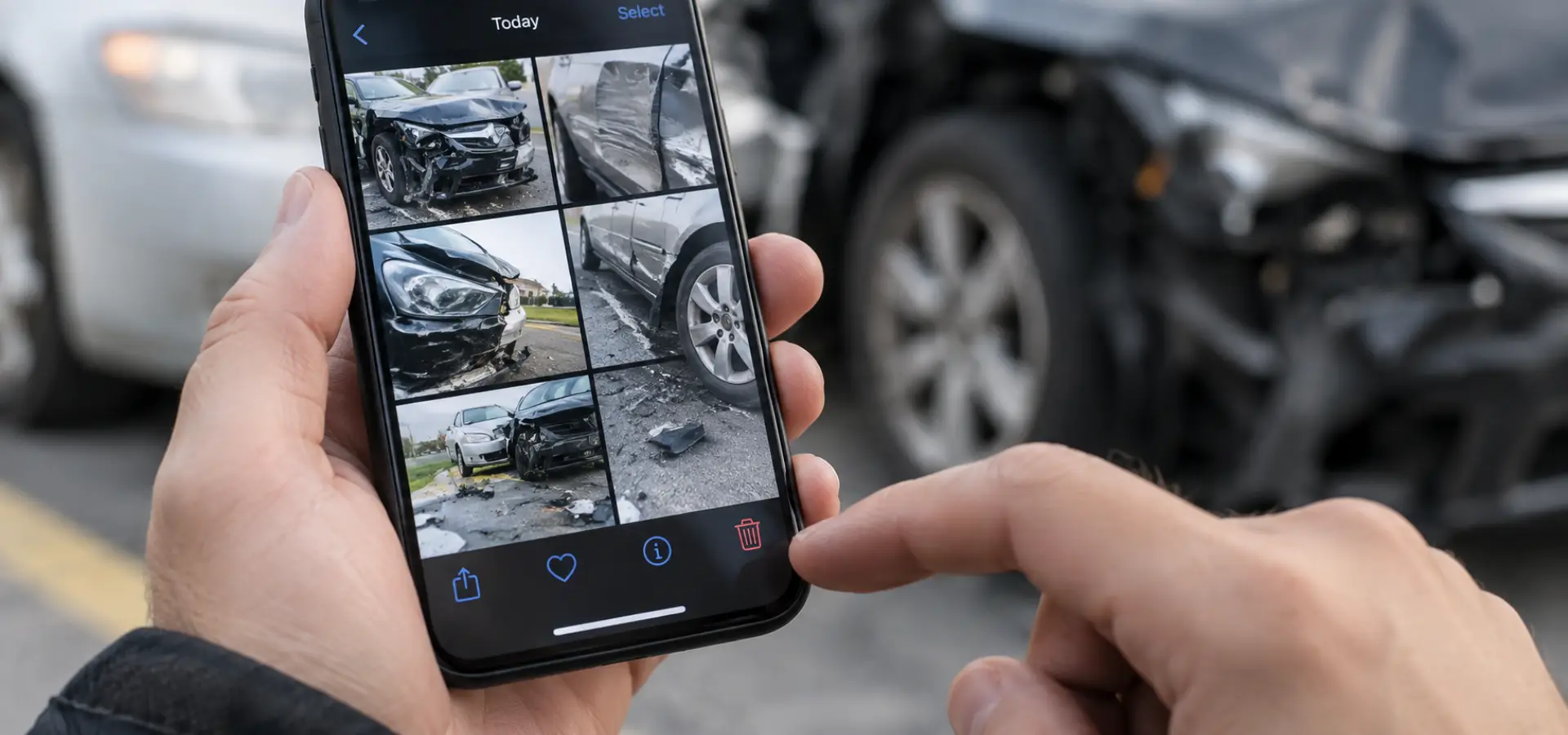 A person about to delete accident photos from their phone.
