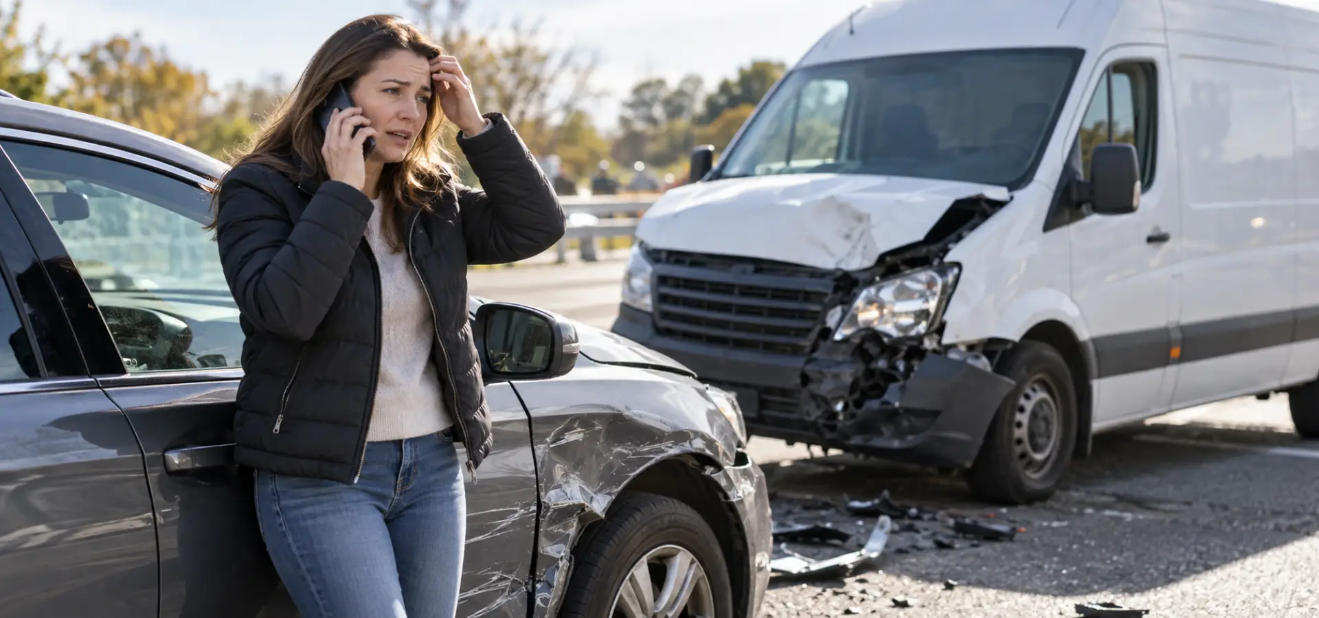 A woman on the phone after getting in a car accident.