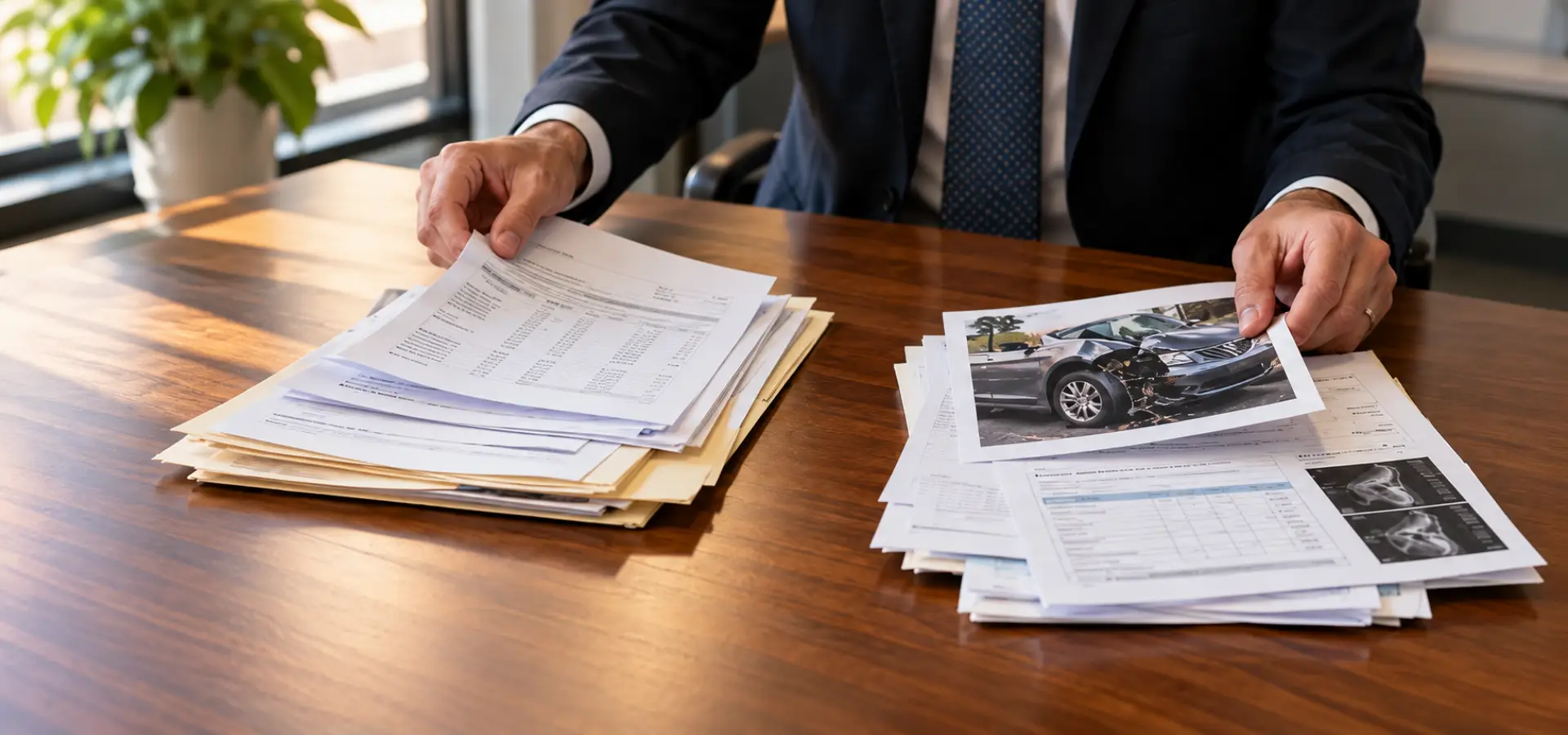 A lawyer presenting two different folders of information.
