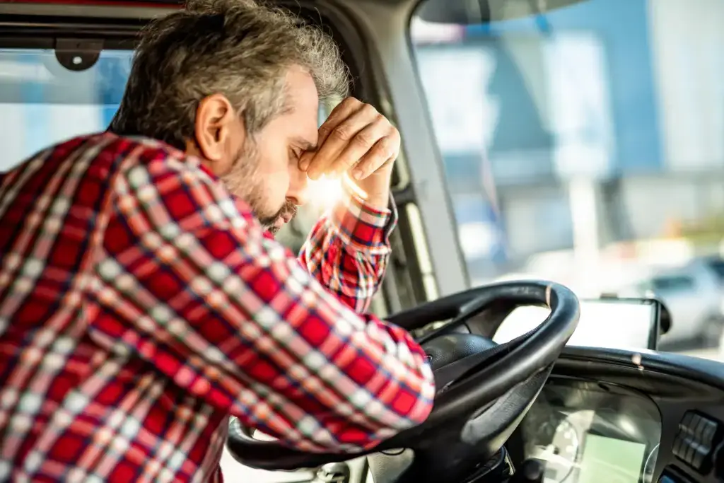 A man behind the wheel of a truck and is on the verge of sleeping.