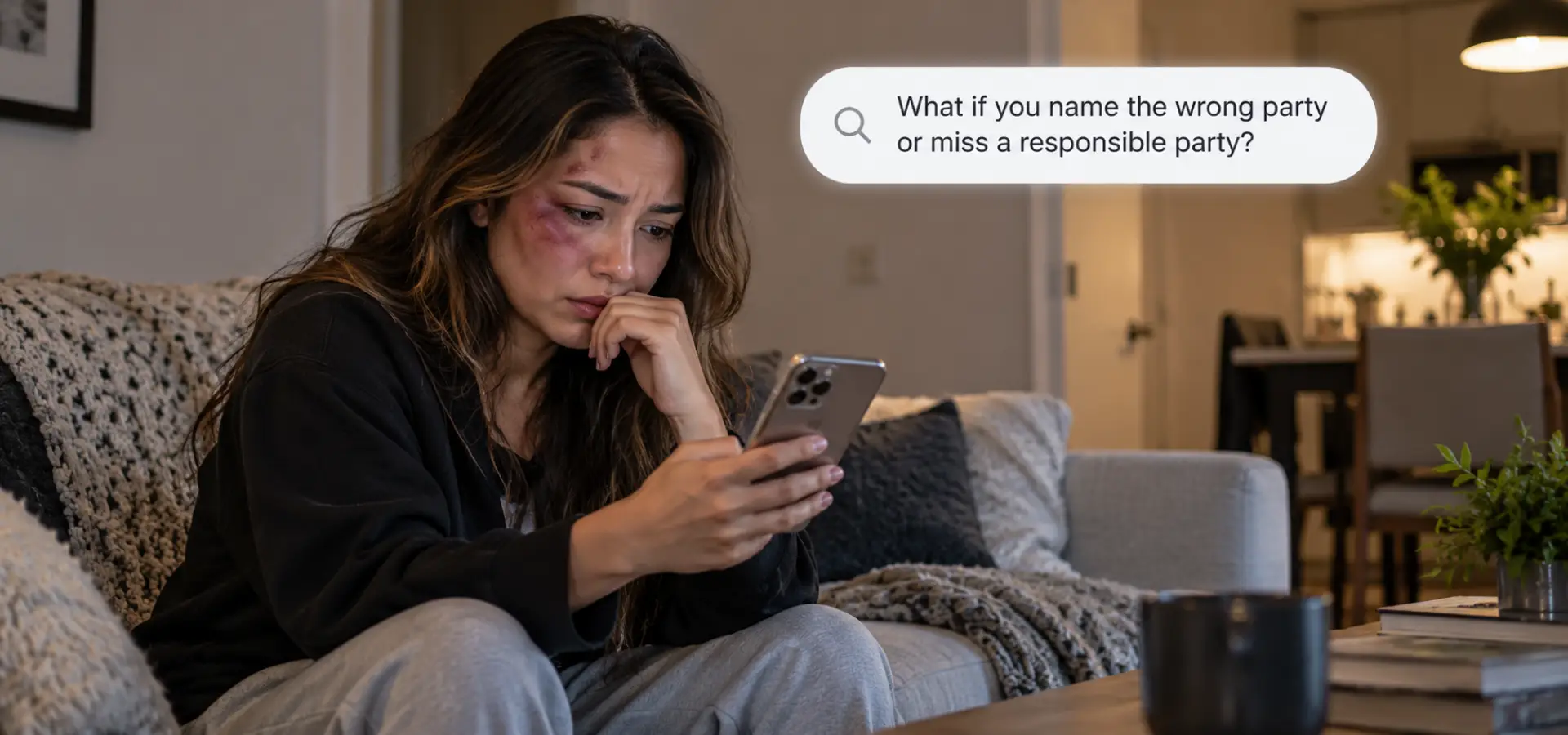 An bruised woman on the couch searching what to do if she sued the wrong people.