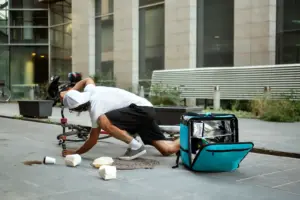 A delivery person cleaning up what they dropped.