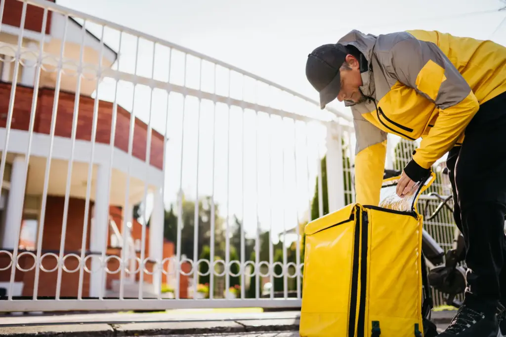 A food delivery biker organizing his bag.