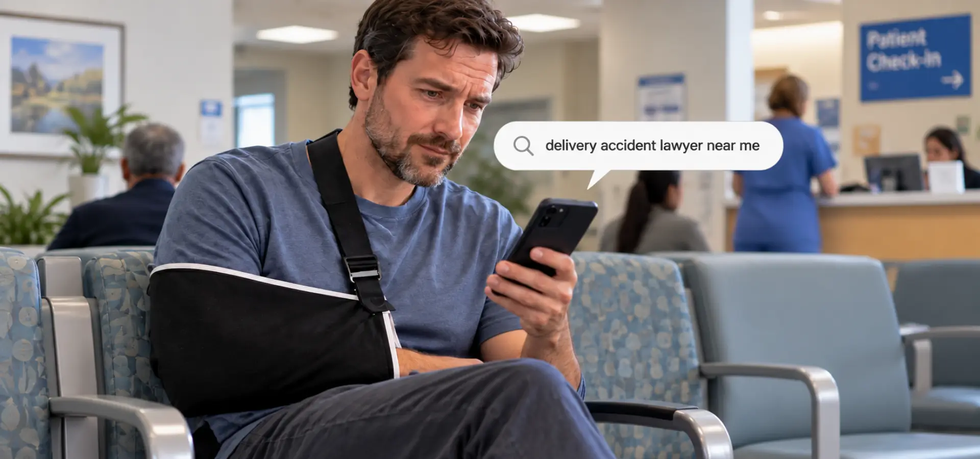 A man with a broken arm typing delivery accident lawyer near me while waiting at the hospital.
