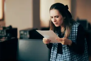 A woman squinting at some paperwork.