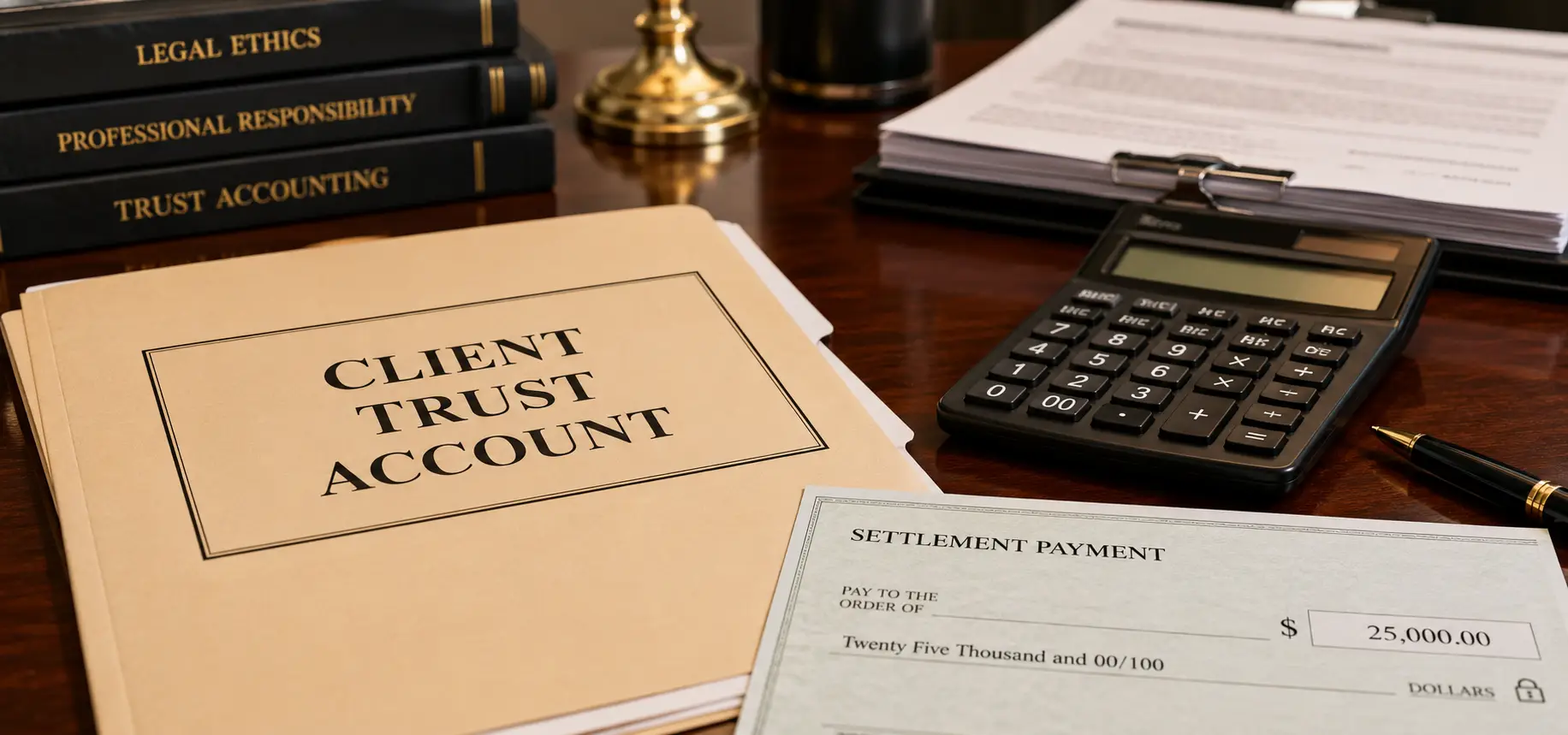 A settlement check with a client's folder on a desk.
