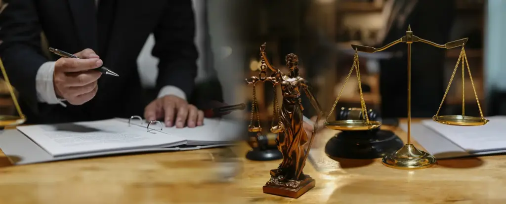 A person signing some papers, with a statue of Lady Justice and the Scales of Justice on a desk.