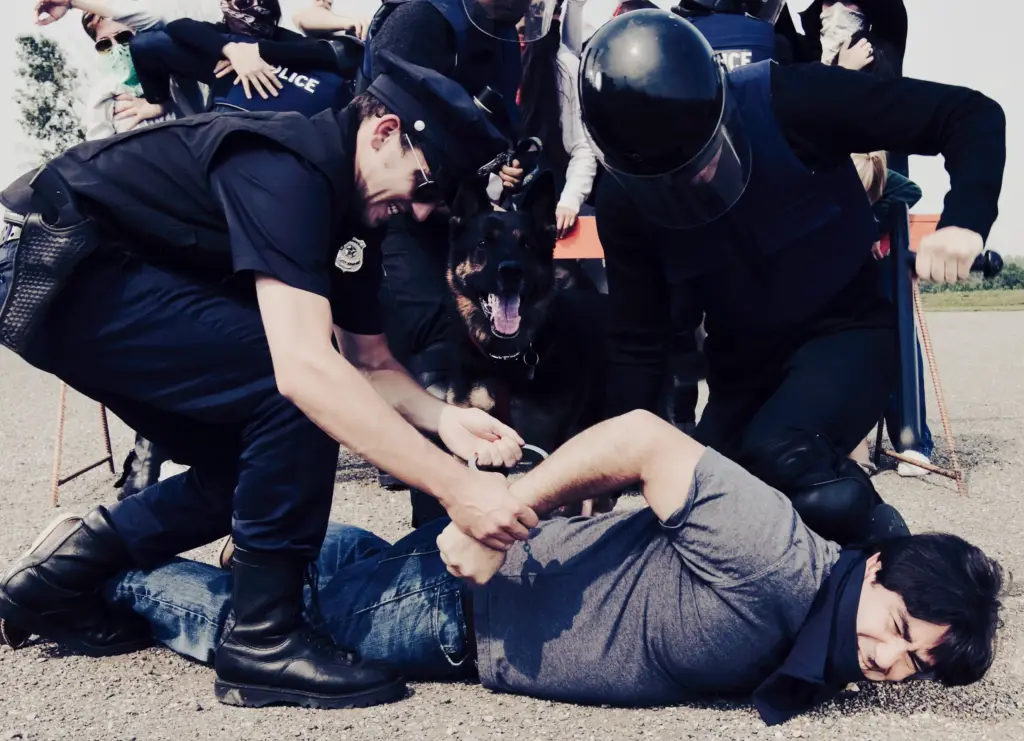 Several police officers arresting a protester on the ground.
