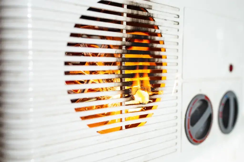 An air conditioner that is on fire.