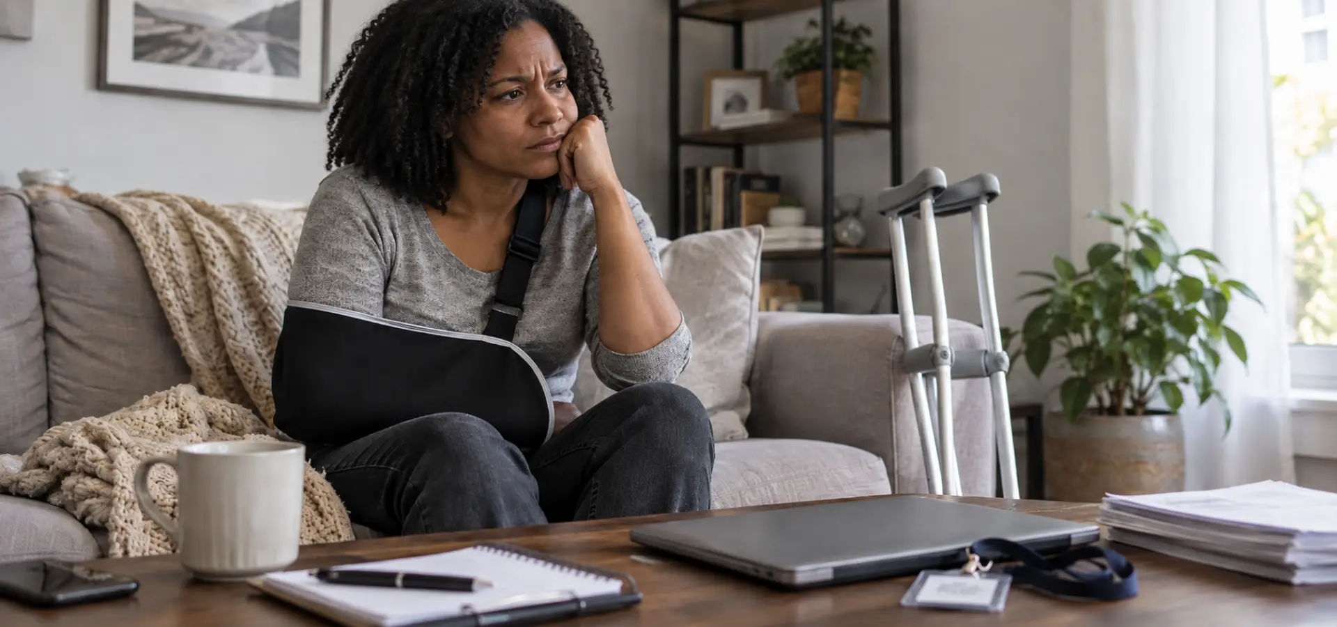A woman with a broken arm wondering what to do about her work and income.